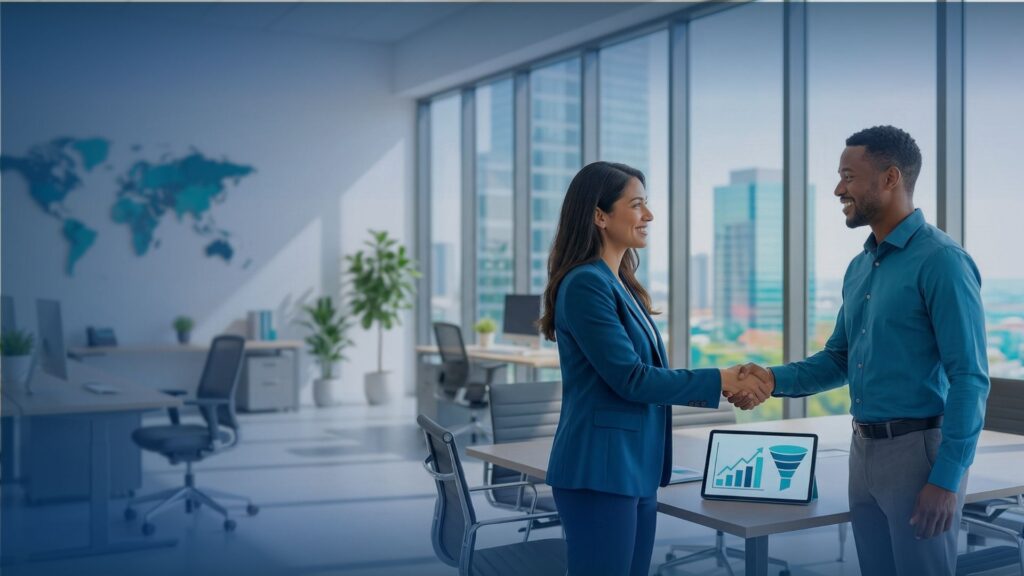 B2B Appointment Setting Services: Book More Sales Meetings Today! 1 Two professionals shaking hands in a modern office after successfully planning a digital marketing and sales outreach strategy focused on B2B appointment setting services and effective appointment setting.