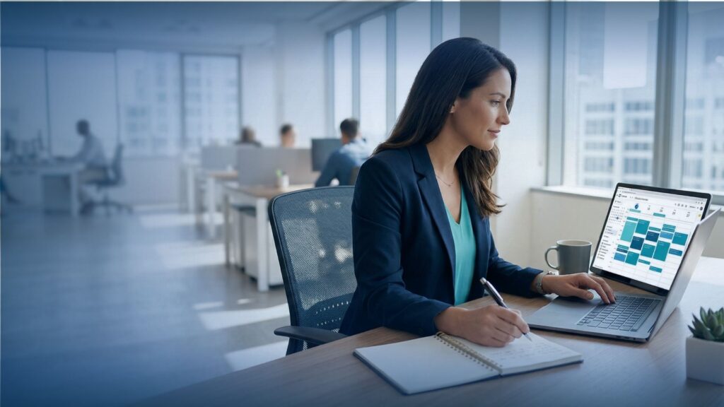 B2B Appointment Setting Services: Book More Sales Meetings Today! 2 A professional working on a laptop in a bright modern office, viewing a digital calendar filled with qualified sales meetings generated through B2B appointment setting services and expert appointment setting strategies.