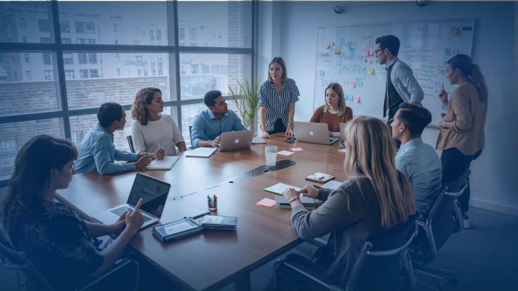 A professional team meeting in a boardroom to plan a scalable strategy for lead generation for msps.