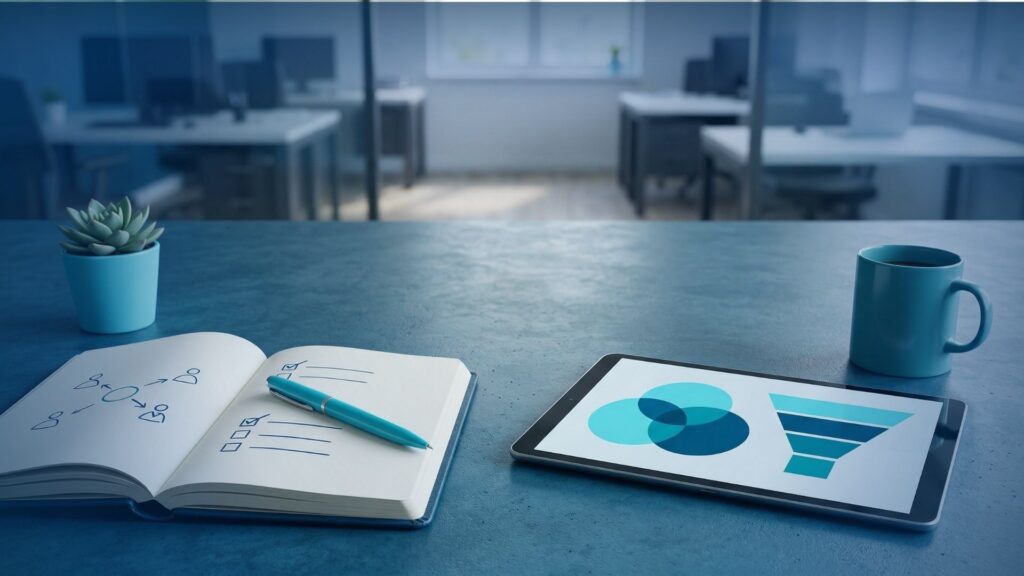 Close-up of a digital tablet displaying a target audience diagram, highlighting MSP lead generation services and strategies from an MSP marketing agency, next to a notebook on a desk.