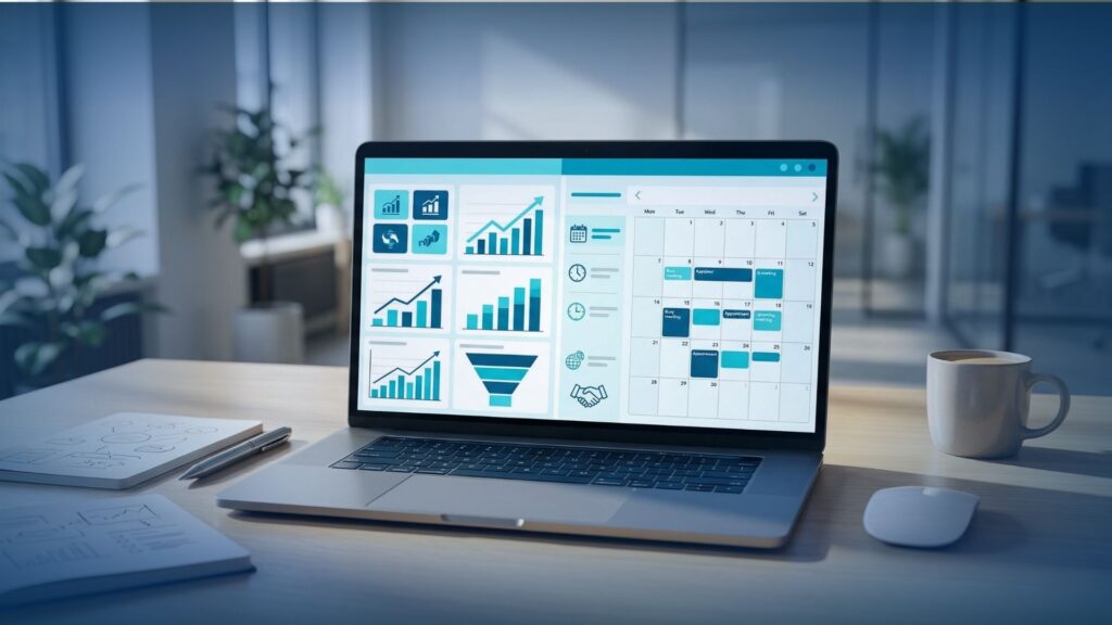 B2B Appointment Setting for MSPs: 10 Tips to Book Sales Meetings 1 Close-up of a laptop displaying a digital marketing analytics dashboard and an open calendar filled with meetings, highlighting B2B appointment setting, sales appointment setting, and appointment setting business performance on a desk.