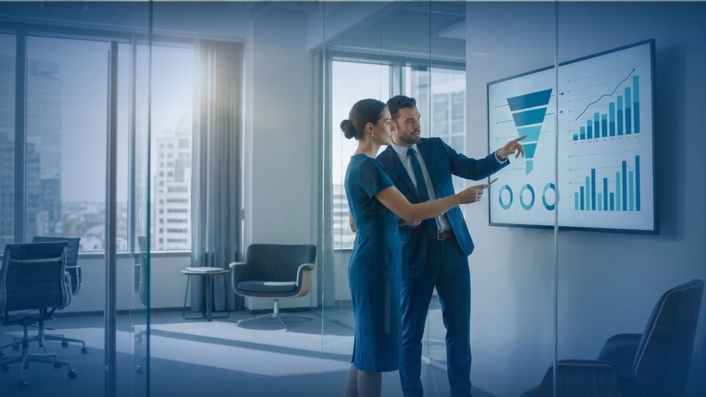 Two business professionals in an office reviewing lead generation metrics and appointment setting schedules on a monitor.