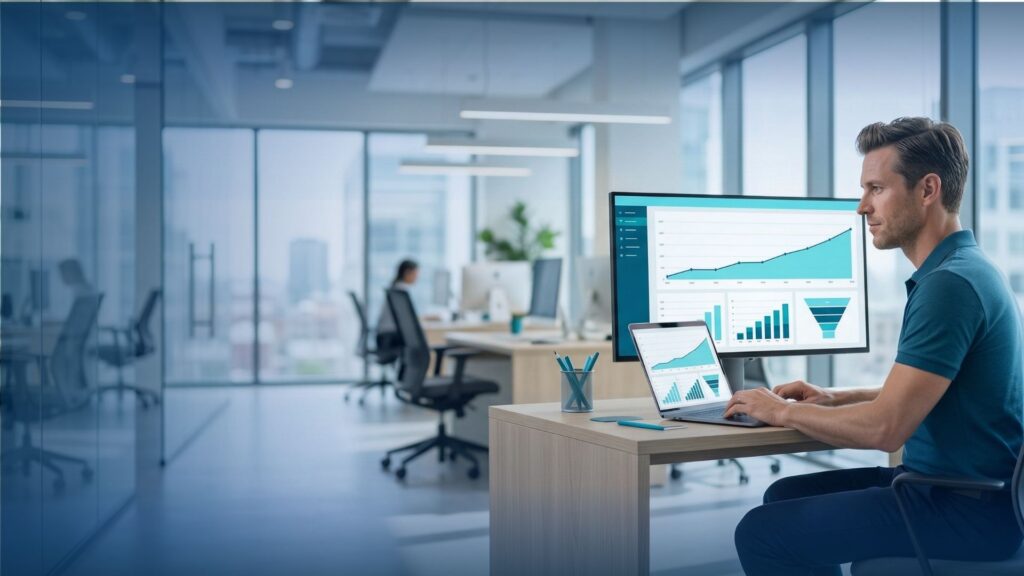 IT professional reviewing a digital marketing dashboard showing steady lead generation growth in a modern office.