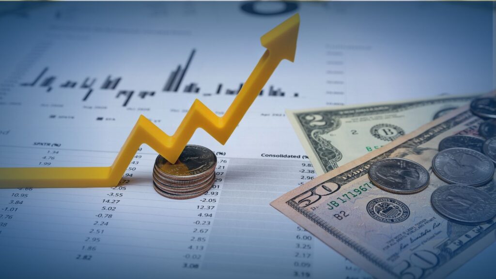 A 3D yellow upward-trending arrow on a stack of coins and cash, representing the ROI of sales appointment setting services.