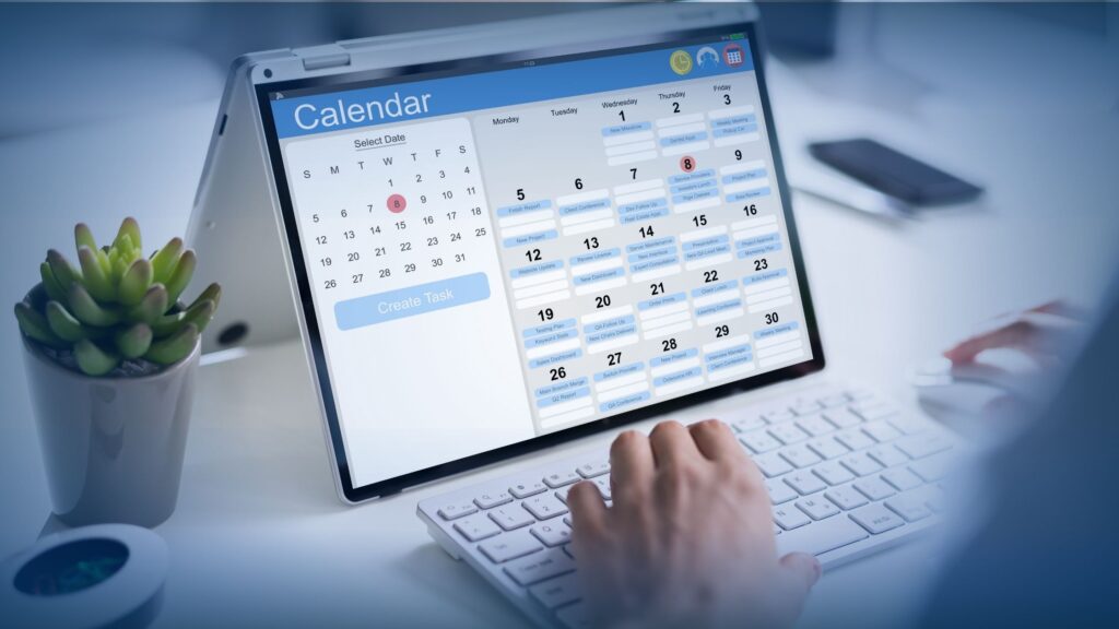 A digital calendar interface showing multiple confirmed business appointments and meetings, illustrating a successful MSP lead generation pipeline.