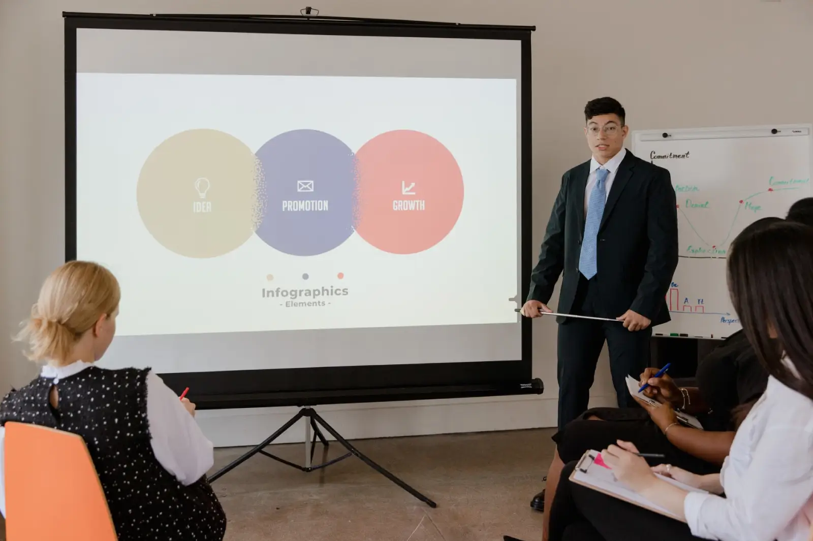 Sales trainer presenting data-driven insights to an engaged enterprise team