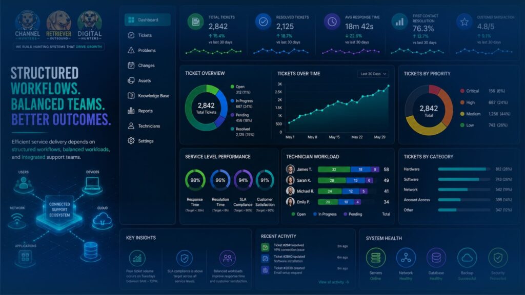 IT service management dashboard displaying support tickets, service levels, technician workloads, and operational performance.