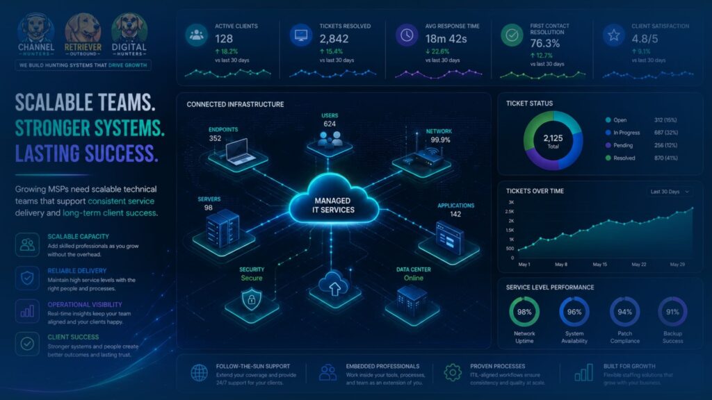 Digital infrastructure visualizing managed IT services, connected business systems, and network operations.