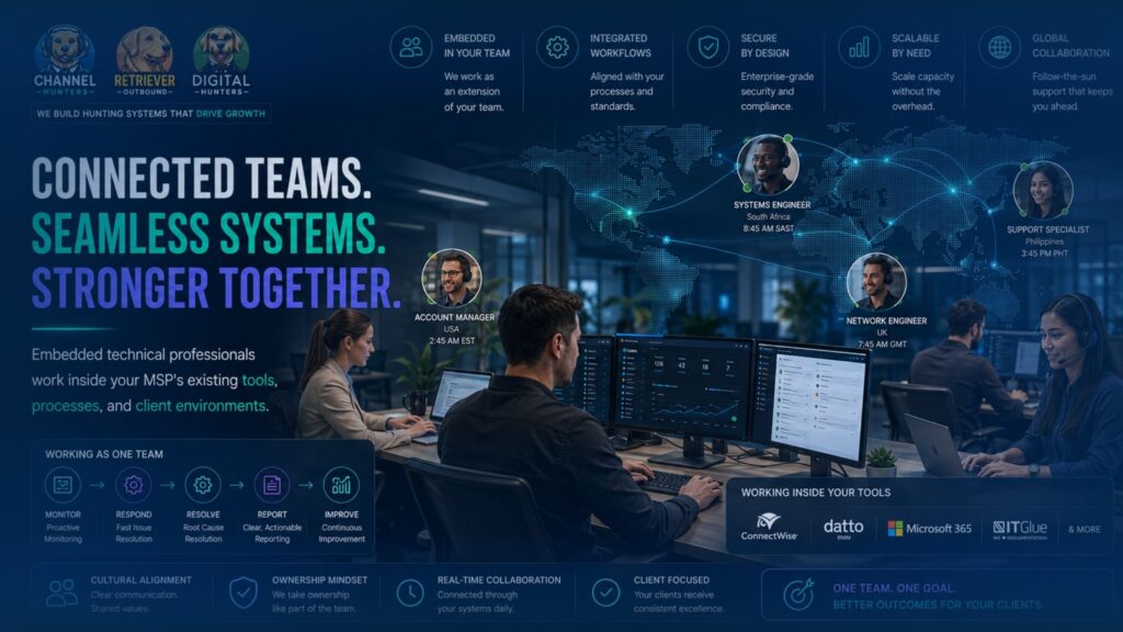 Connected global technology team collaborating through integrated business systems and digital workflows.