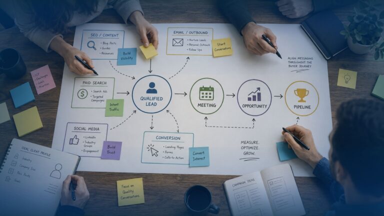 Marketing team planning an MSP marketing strategy across digital and outbound channels