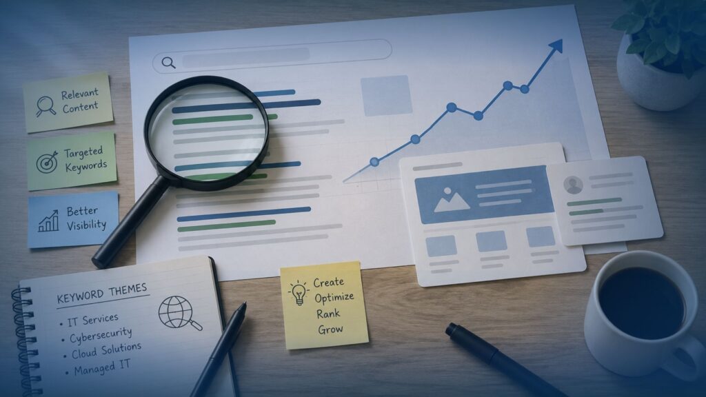 Marketing professional reviewing SEO performance and organic search data for an MSP website