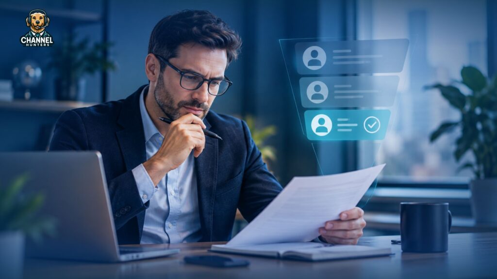 Business professional evaluating prospects to identify qualified MSP leads that match defined customer criteria